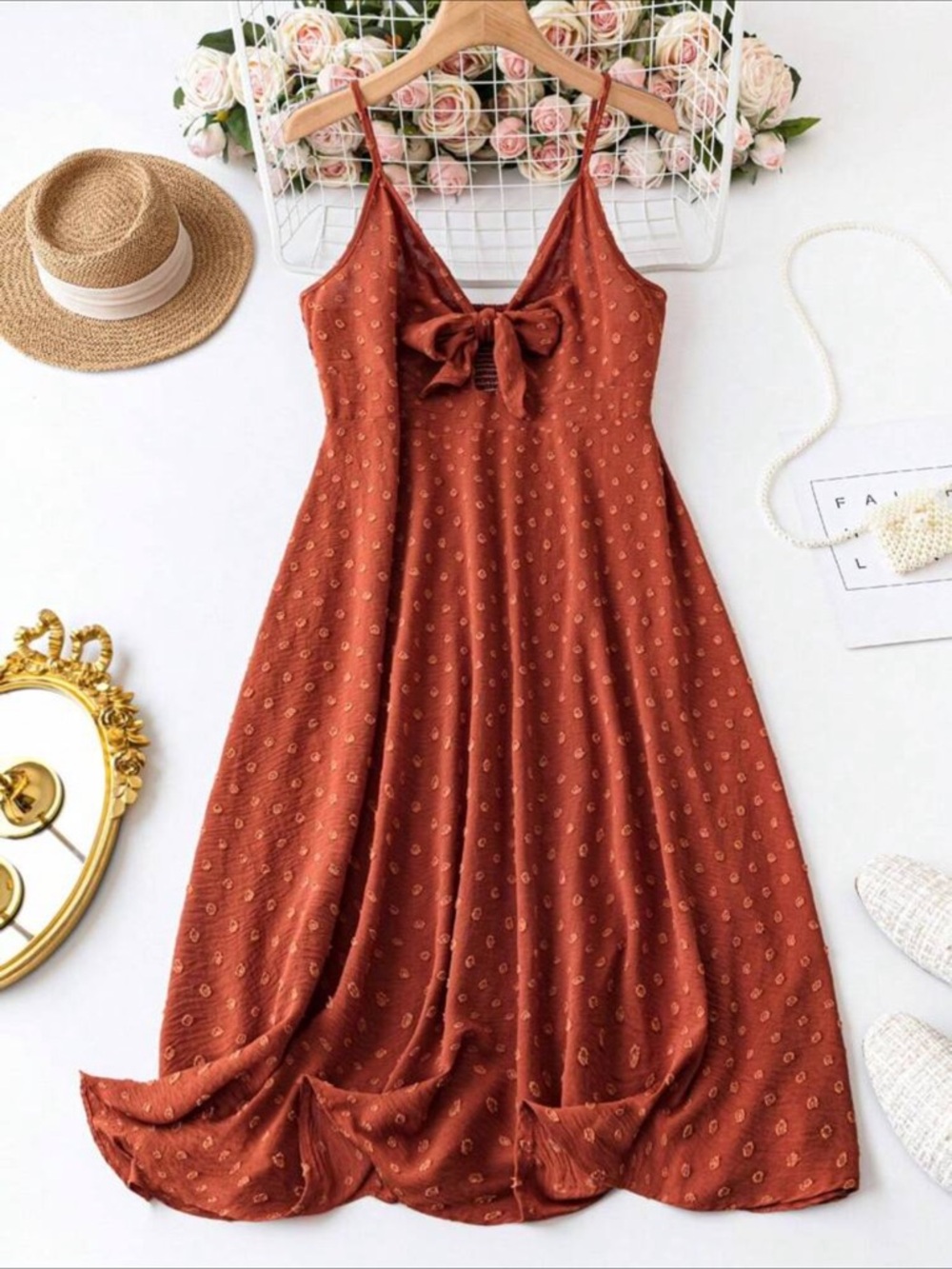 Rust Tie-Front Spaghetti Strap Midi Dress